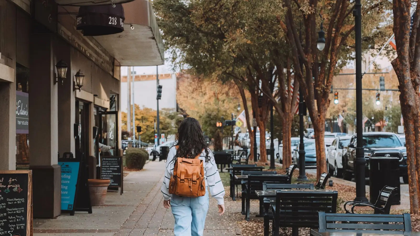 A person walking along a tree-lined pavement on an autumn afternoon.